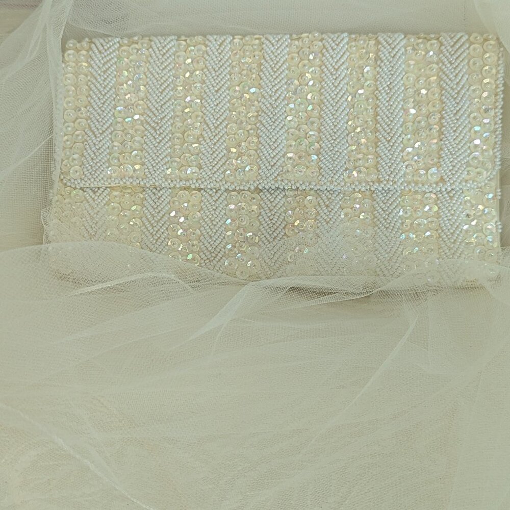 Bridal Antique Glass Beads and Sequins in white with brand ADG with silk lining